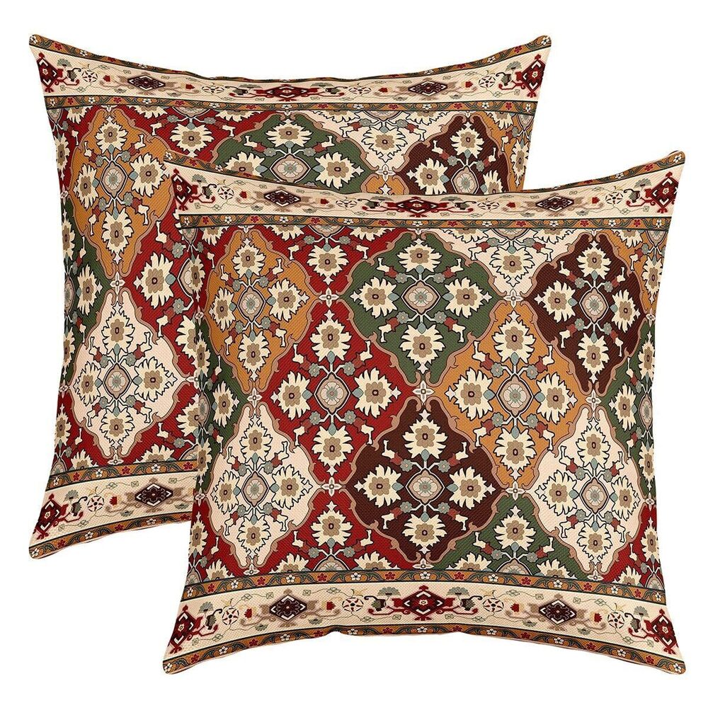 3277 Set of 2 Boho Floral Throw Pillow Covers 18x18, Retro Flower Grid